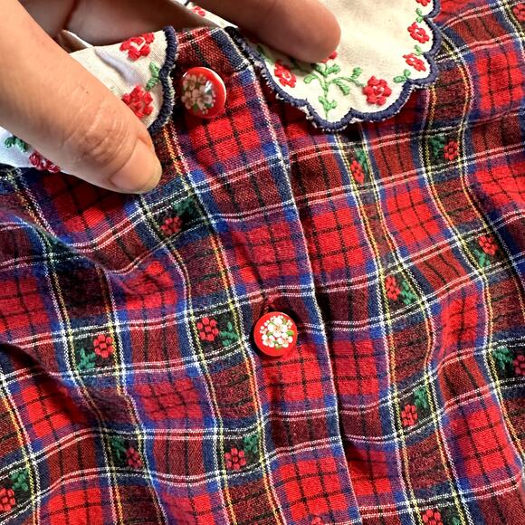 Vintage Osh Kosh Floral Plaid Button Up w/ Embroidered Scalloped Collar Sz 6 - Picture 8 of 9